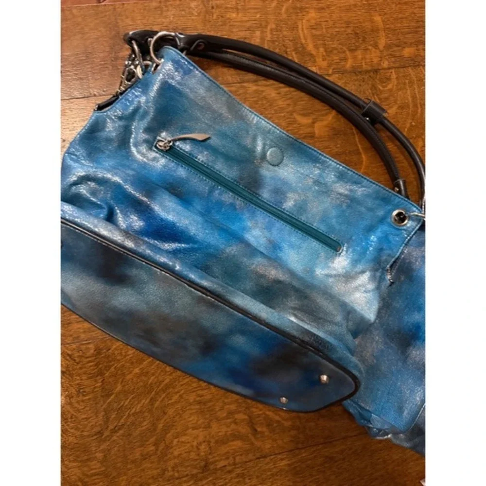 Beijo Couture Blue Silver Metallic Tie Dye Hobo Bag and‎ Pouch Set 2pc